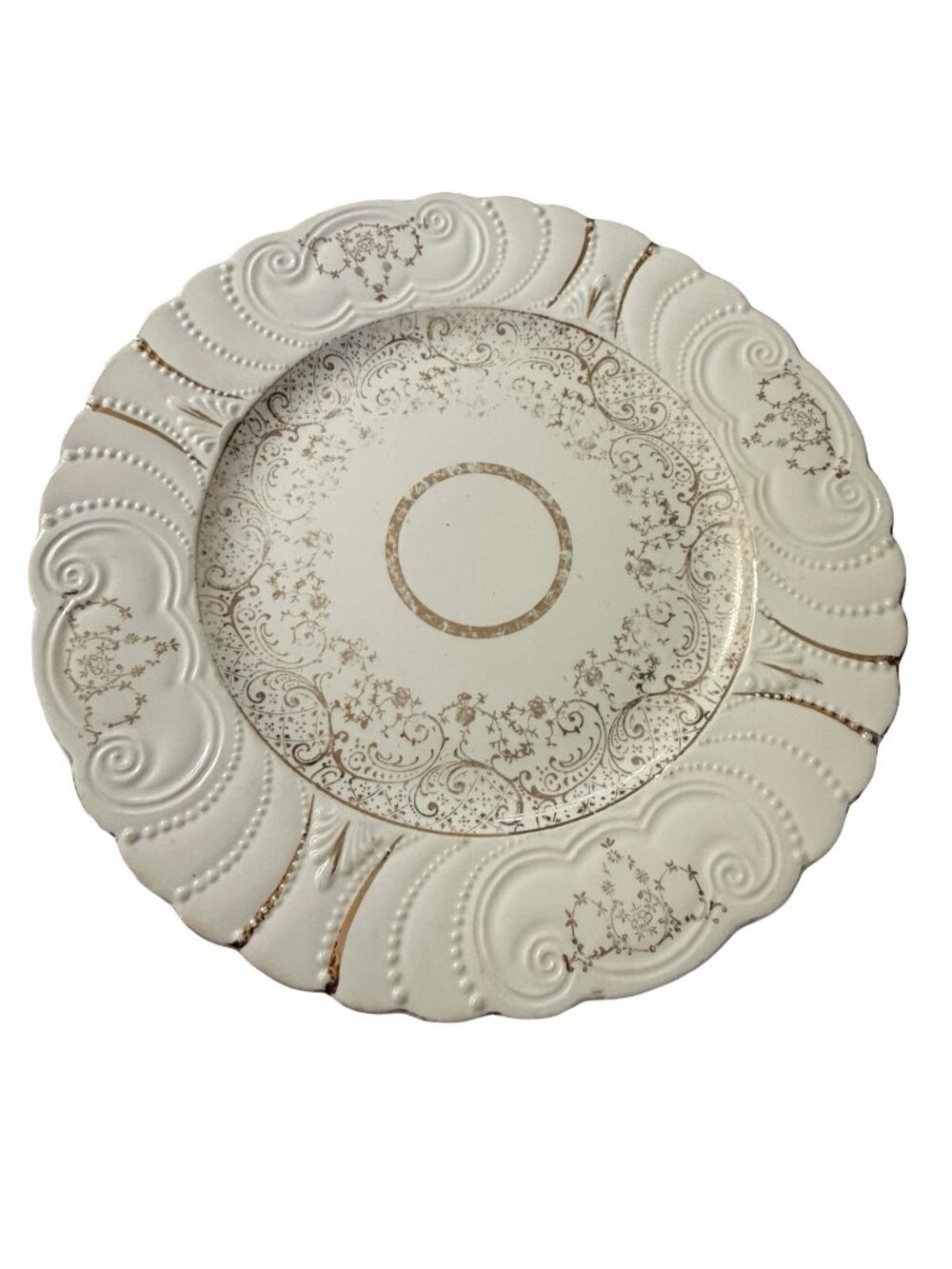 Thompson's Old Liverpool 1888 Cake Plate Serving Platter Embossed Gold Scrolls 1
